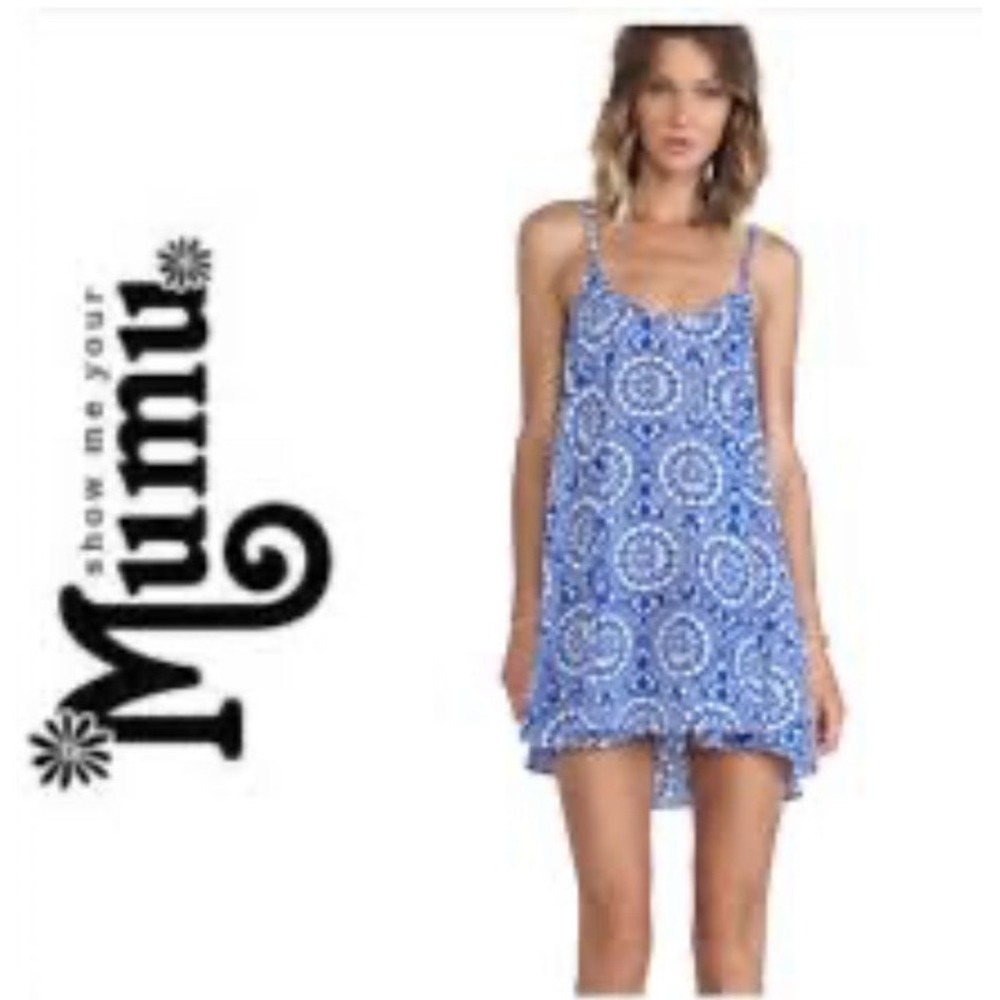 SHOW ME YOUR MUMU Womens Medium Mini Katy Halter Dress White Blue Medallion